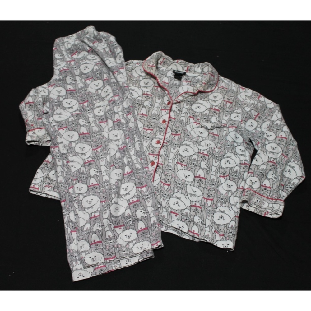 Joe Boxer Womens Fleece Pajama Set XL Dog Print Gray Pink Button Front Top Pants